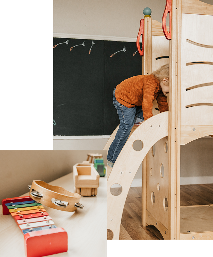 child climbing stairs of wooden play structure