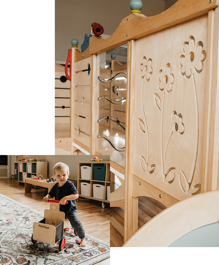 child moving on a ride-on toy and closeup of wooden play structure